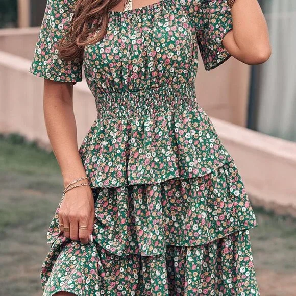 Women's Floral Summer Dress Square Neck Short Sleeve Tiered Boho Swing - Picture 4 of 5